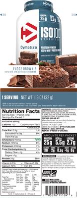 Photo of the Dymatize ISO100 Hydrolyzed Fudge Brownie label