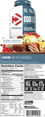 Photo of the Dymatize ISO100 Hydrolyzed Gourmet Chocolate label
