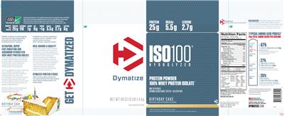 Photo of the Dymatize ISO100 Hydrolyzed Birthday Cake label