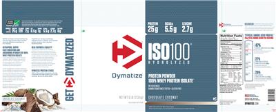 Photo of the Dymatize ISO100 Hydrolyzed Chocolate Coconut label