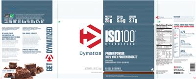 Photo of the Dymatize ISO100 Hydrolyzed Fudge Brownie label