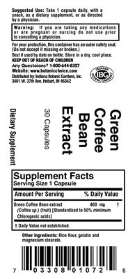 Photo of the Indiana Botanic Gardens Green Coffee Bean Extract label