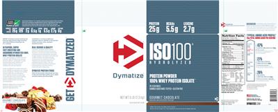 Photo of the Dymatize ISO100 Hydrolyzed Gourmet Chocolate label