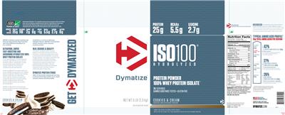 Photo of the Dymatize ISO100 Hydrolyzed Cookies & Cream label