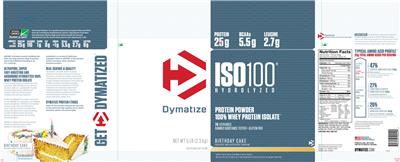 Photo of the Dymatize ISO100 Hydrolyzed Birthday Cake label