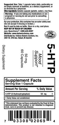 Photo of the Indiana Botanic Gardens 5-HTP label