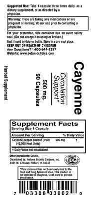 Photo of the Indiana Botanic Gardens Cayenne 500 mg label