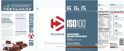 Photo of the Dymatize ISO100 Hydrolyzed Fudge Brownie label