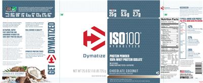 Photo of the Dymatize ISO100 Hydrolyzed Chocolate Coconut label