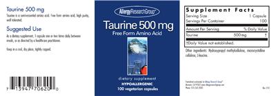 Photo of the Allergy Research Group Taurine 500 mg label