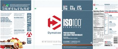 Photo of the Dymatize ISO100 Hydrolyzed Gourmet Chocolate label