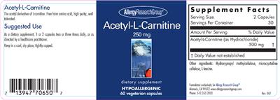 Photo of the Allergy Research Group Acetyl-L-Carnitine 250 mg label