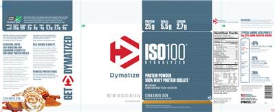 Photo of the Dymatize ISO100 Hydrolyzed Cinnamon Bun label