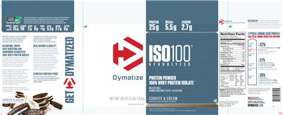 Photo of the Dymatize ISO100 Hydrolyzed Cookies & Cream label