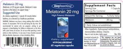 Photo of the Allergy Research Group Melatonin 20 mg label