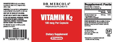 Photo of the Dr. Mercola Vitamin K2 180 mcg label