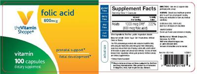 Photo of the The Vitamin Shoppe Folic Acid 800 mcg label