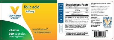 Photo of the The Vitamin Shoppe Folic Acid 800 mcg label