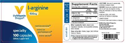 Photo of the The Vitamin Shoppe L-Arginine 500 mg label