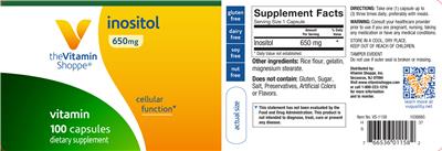 Photo of the The Vitamin Shoppe Inositol 650 mg label