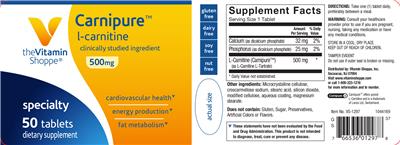 Photo of the The Vitamin Shoppe Carnipure L-Carnitine 500 mg label