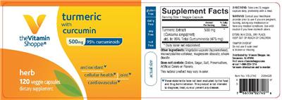 Photo of the The Vitamin Shoppe Turmeric with Curcumin 500 mg label