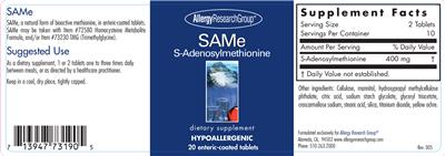 Photo of the Allergy Research Group SAMe label