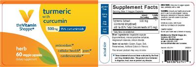 Photo of the The Vitamin Shoppe Turmeric with Curcumin 500 mg label