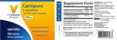 Photo of the The Vitamin Shoppe Carnipure L-Carnitine 500 mg label