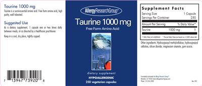 Photo of the Allergy Research Group Taurine 1000 mg label