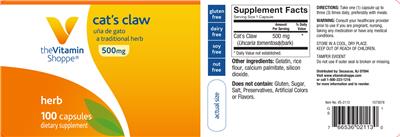 Photo of the The Vitamin Shoppe Cat's Claw 500 mg label