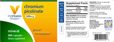 Photo of the The Vitamin Shoppe Chromium Picolinate 500 mcg label