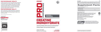 Product label for Creatine Monohydrate 5000 mg Unflavored