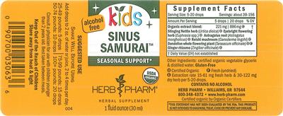Photo of the Herb Pharm Kids Sinus Samurai Alcohol Free label