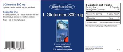 Photo of the Allergy Research Group L-Glutamine 800 mg label