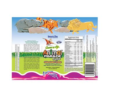Photo of the Nature's Plus Source of Life Animal Parade Liquid Children's Multi-Vitamin Natural Tropical Berry Flavor label