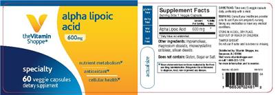 Photo of the The Vitamin Shoppe Alpha Lipoic Acid 600 mg label
