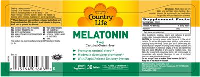 Photo of the Country Life Melatonin 3 mg label