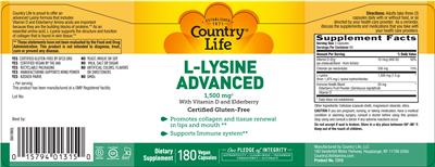 Photo of the Country Life L-Lysine Advanced 1,500 mg label