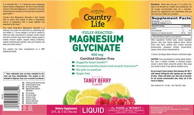 Photo of the Country Life Magnesium Glycinate 400 mg Tangy Berry Flavor label