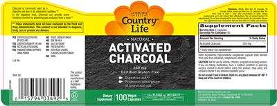 Photo of the Country Life Natural Activated Charcoal 260 mg label