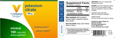 Photo of the The Vitamin Shoppe Potassium Citrate 99 mg label