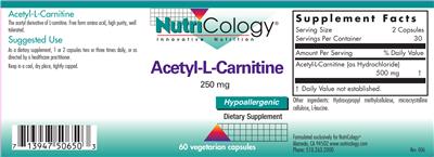 Photo of the NutriCology Acetyl-L-Carnitine 250 mg label