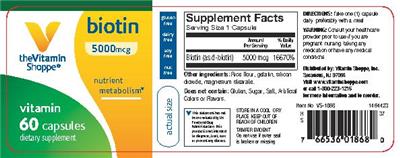 Photo of the The Vitamin Shoppe Biotin 5000 mcg label