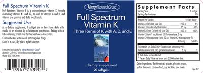 Photo of the Allergy Research Group Full Spectrum Vitamin K label