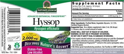 Photo of the Nature's Answer Hyssop 2,000 mg label