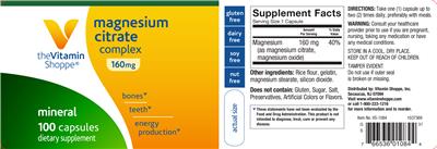 Photo of the The Vitamin Shoppe Magnesium Citrate Complex 160 mg label