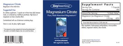 Photo of the Allergy Research Group Magnesium Citrate label