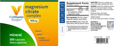 Photo of the The Vitamin Shoppe Magnesium Citrate Complex 160 mg label