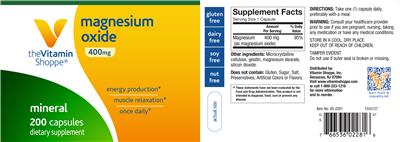 Photo of the The Vitamin Shoppe Magnesium Oxide 400 mg label